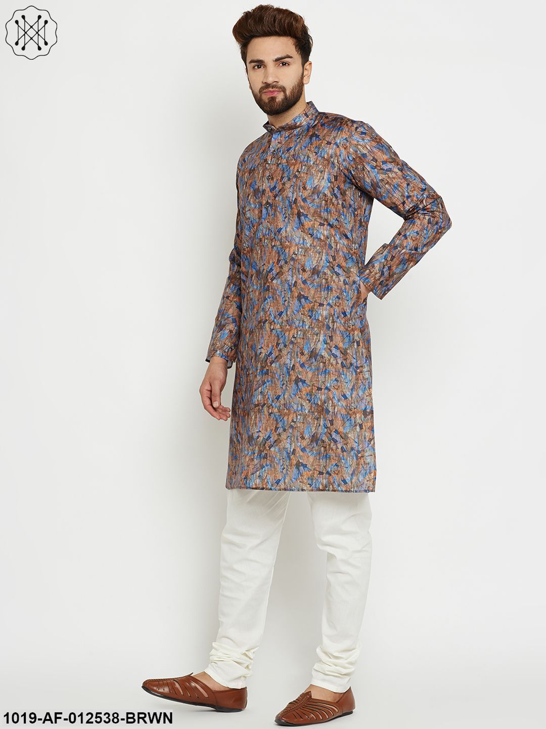 Men's Cotton Brown Kurta & Off-White Churidar Pyjama Set