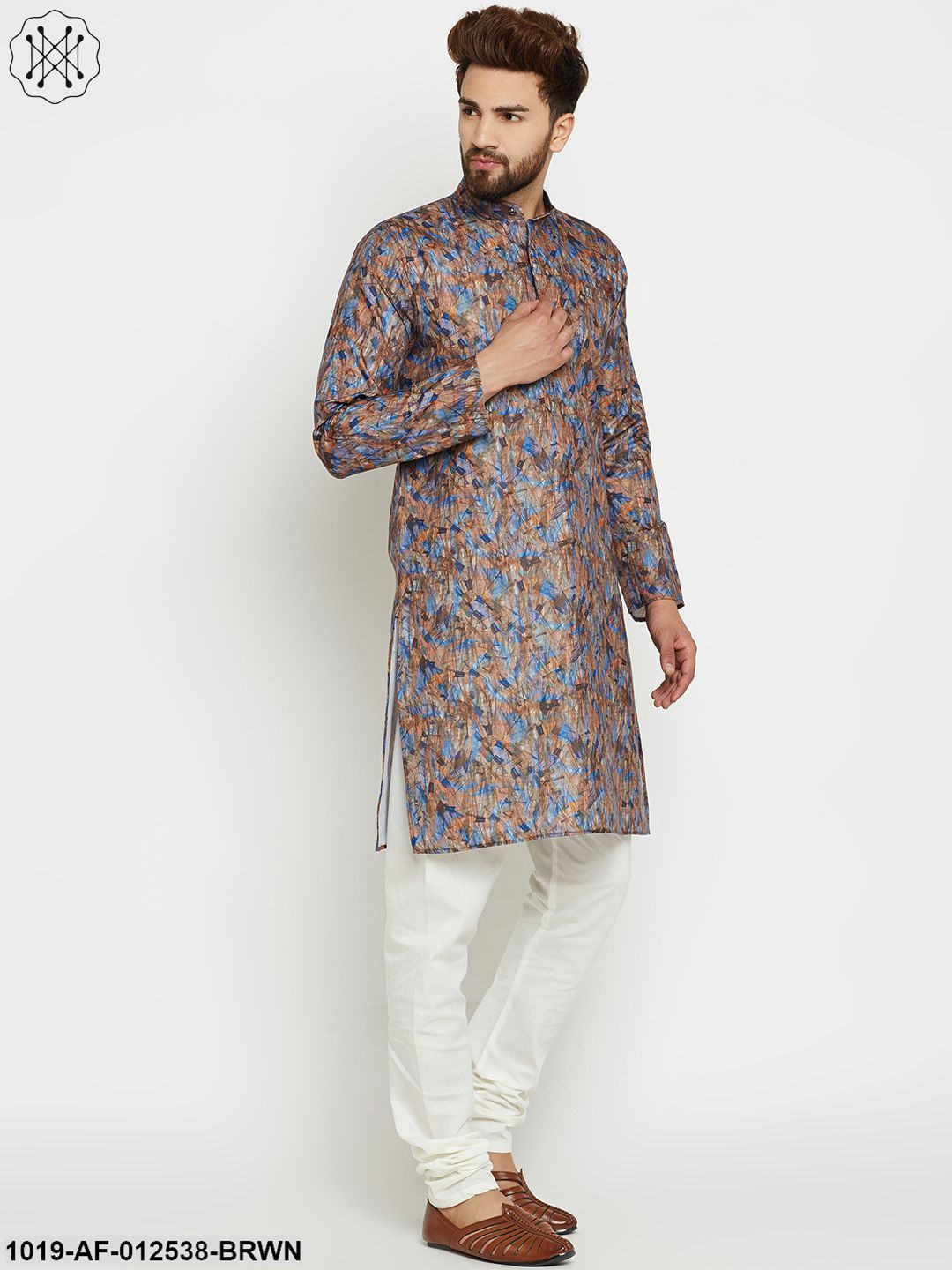 Men's Cotton Brown Kurta & Off-White Churidar Pyjama Set