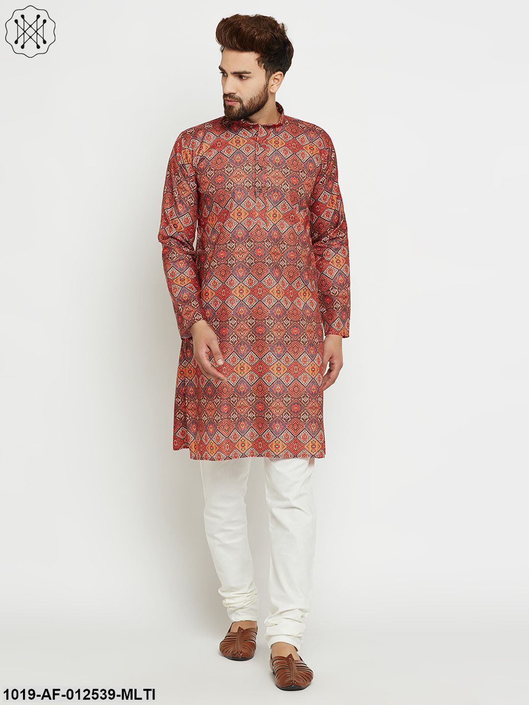Men's Cotton Multi Kurta & Off-White Churidar Pyjama Set