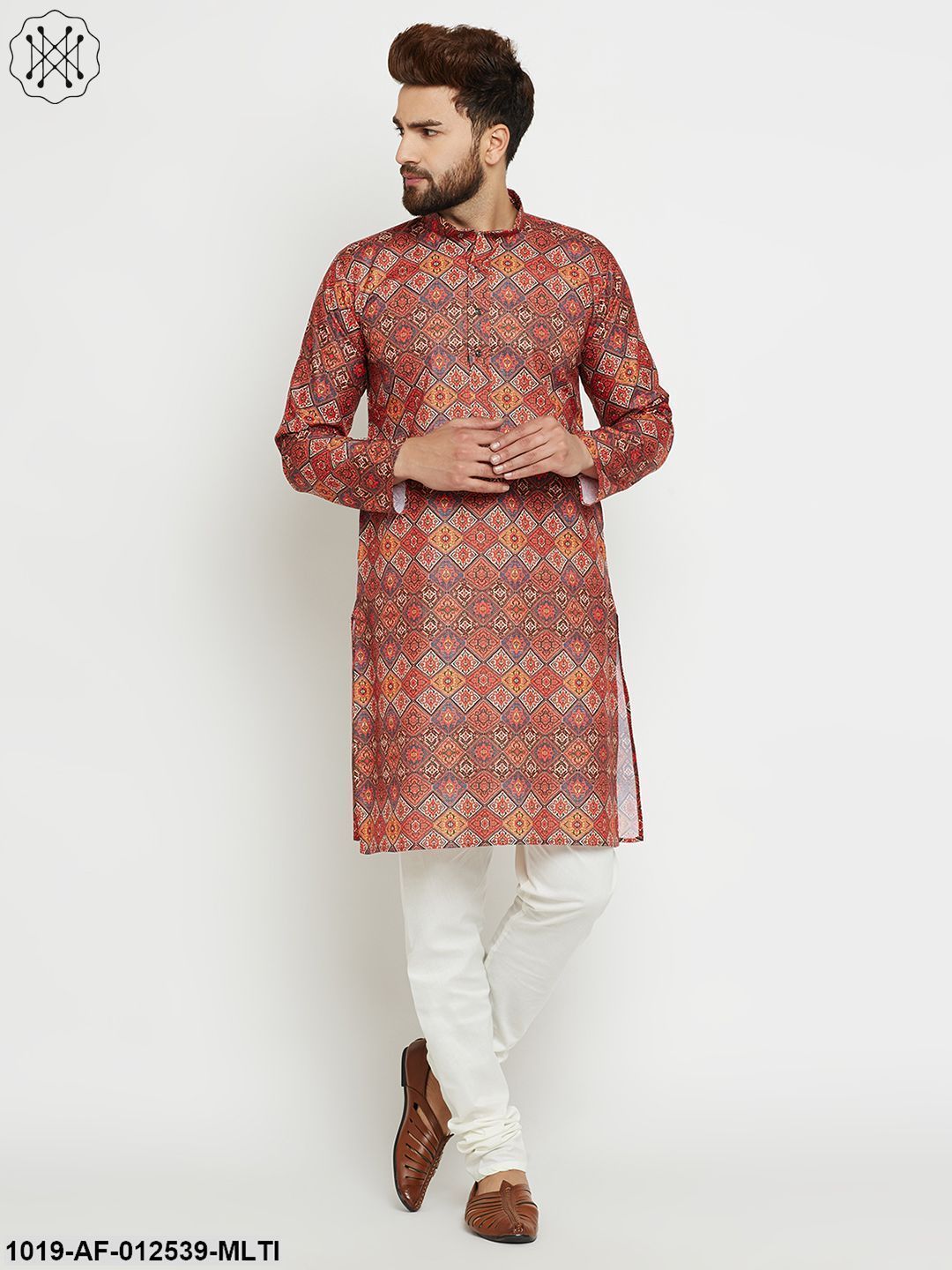 Men's Cotton Multi Kurta & Off-White Churidar Pyjama Set