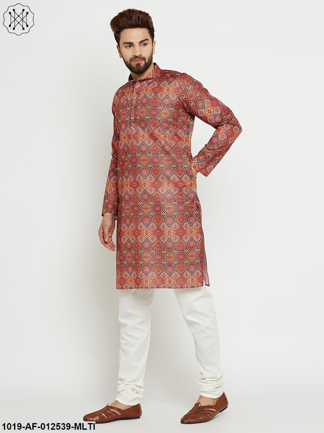 Men's Cotton Multi Kurta & Off-White Churidar Pyjama Set