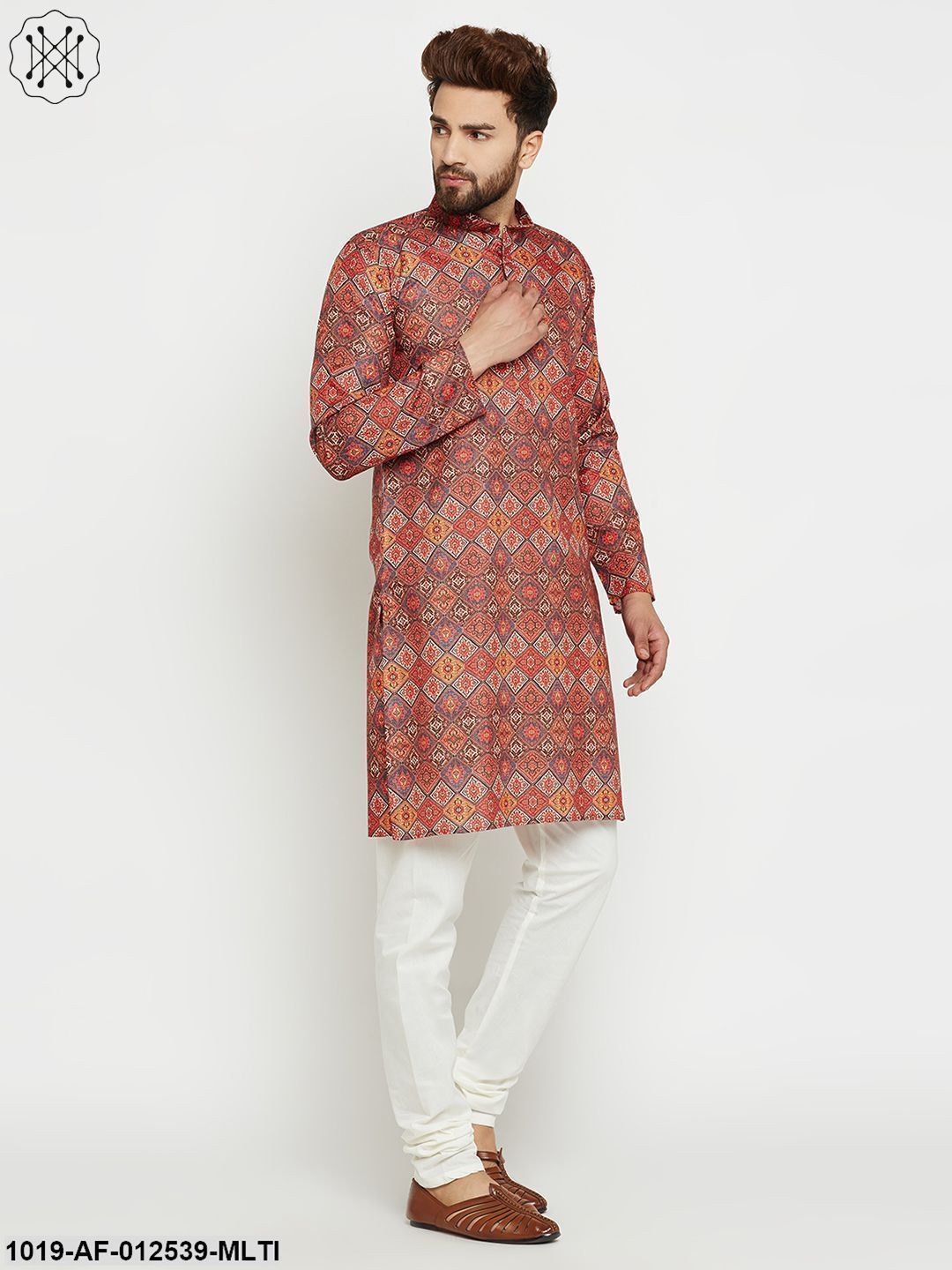 Men's Cotton Multi Kurta & Off-White Churidar Pyjama Set