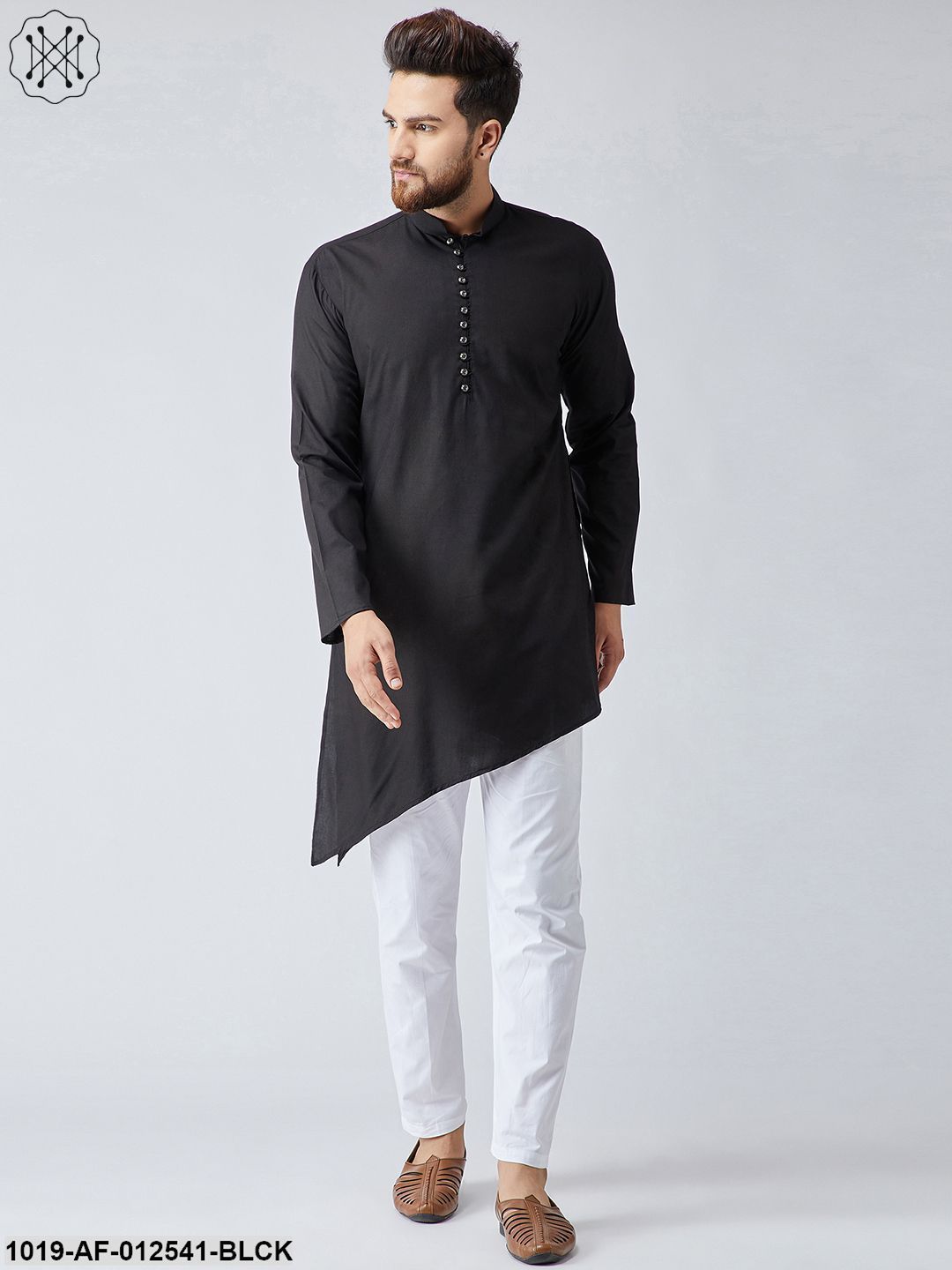 Men's Cotton Black Kurta & White Pyjama Set