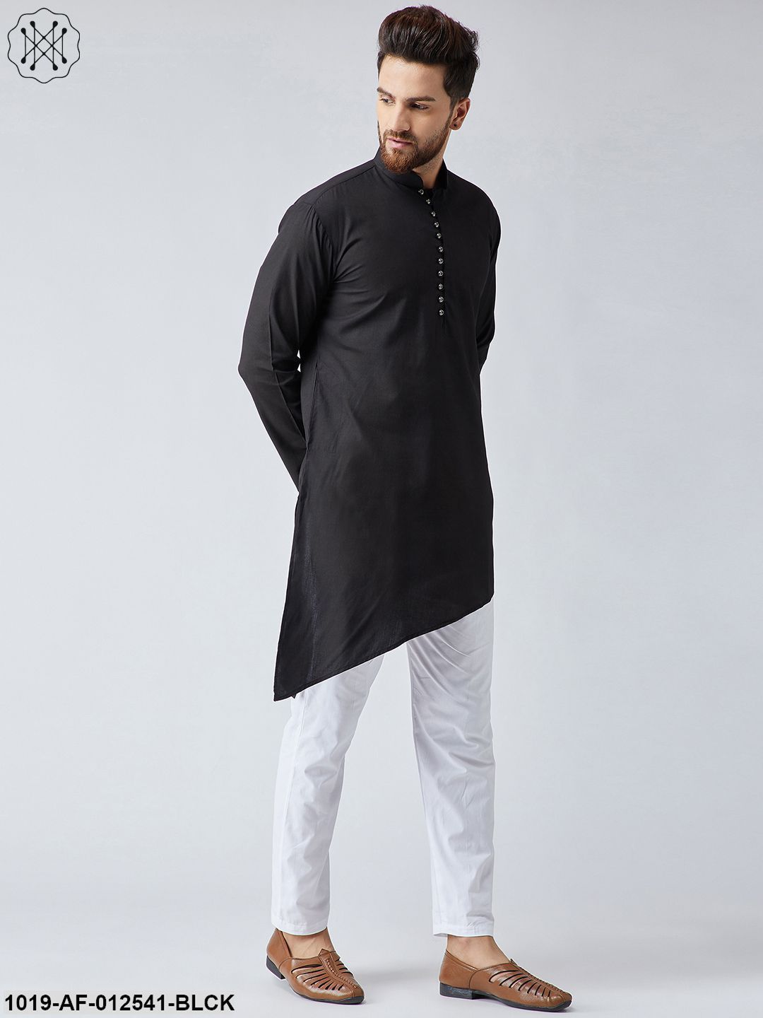 Men's Cotton Black Kurta & White Pyjama Set