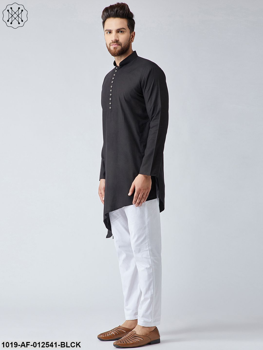 Men's Cotton Black Kurta & White Pyjama Set