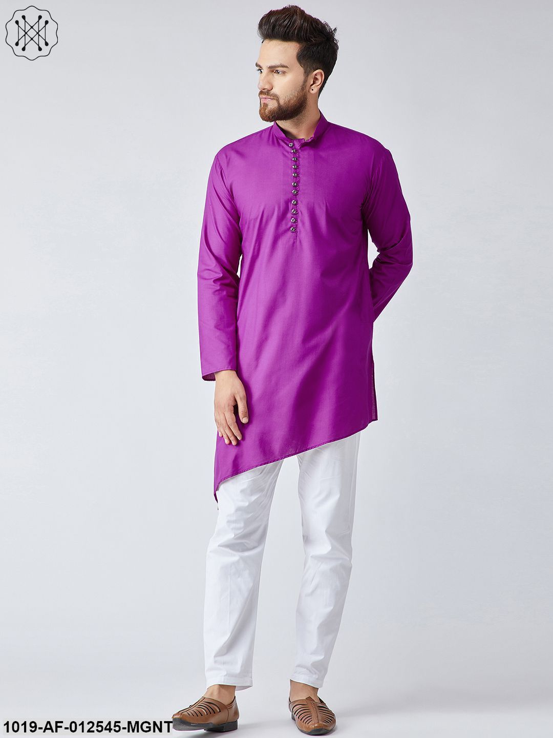 Men's Cotton Magenta Kurta & White Pyjama Set