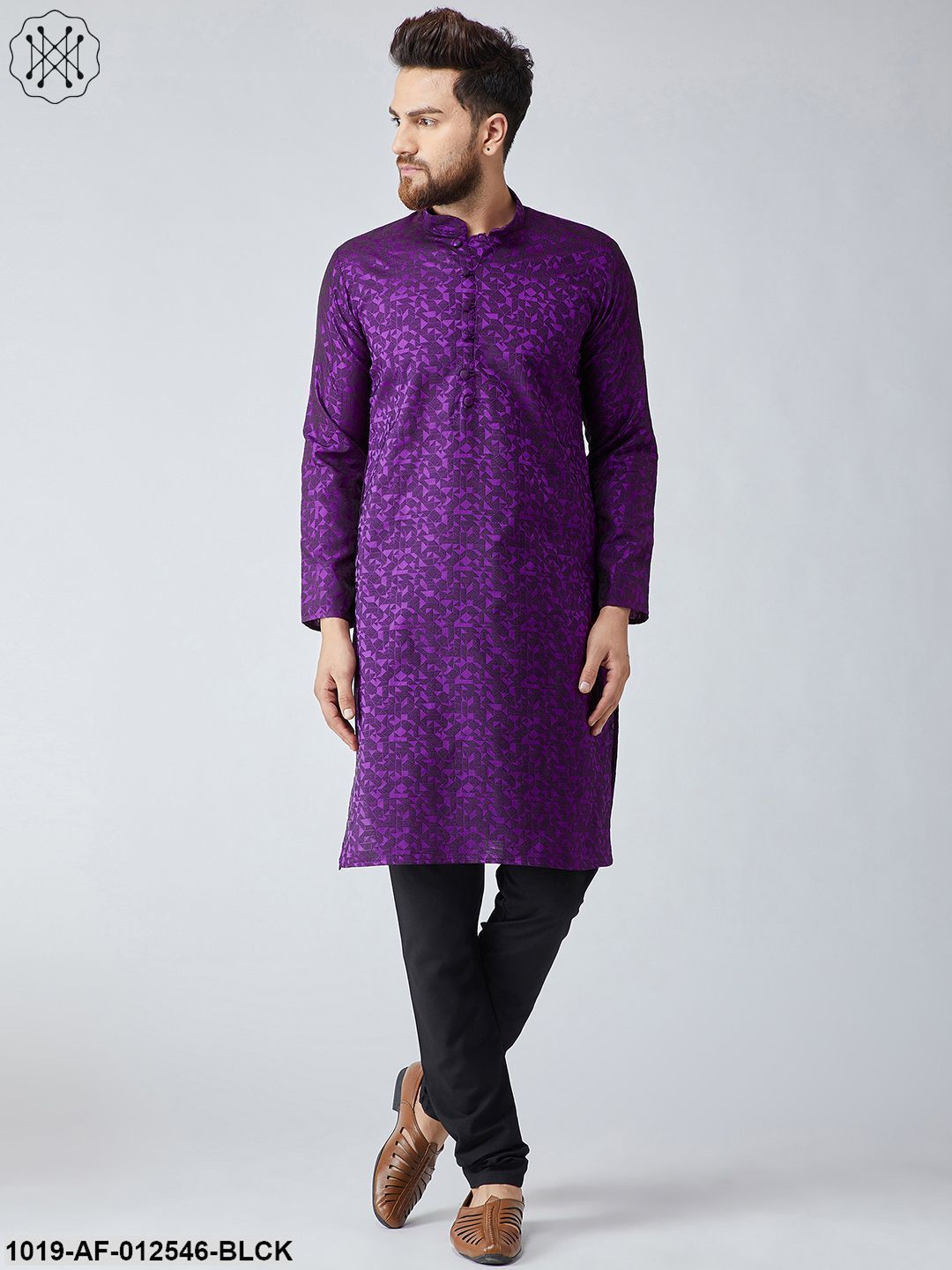 Men's Silk Violet Kurta & Black Churidar Pyjama Set - Sojanya