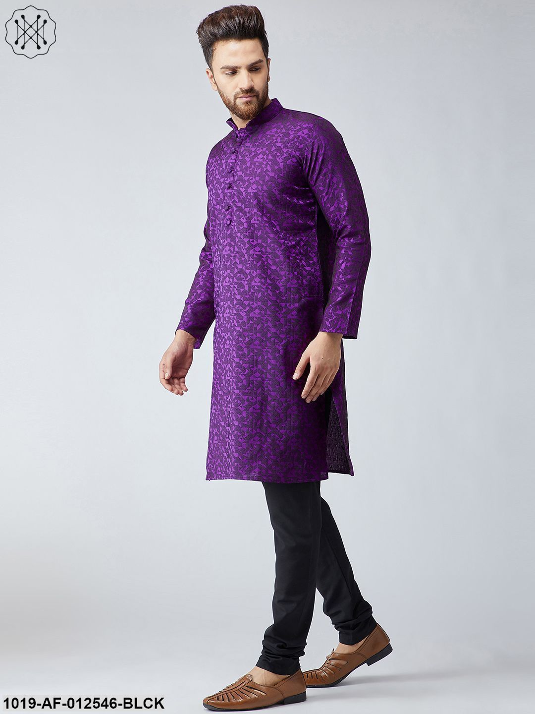 Men's Silk Violet Kurta & Black Churidar Pyjama Set - Sojanya
