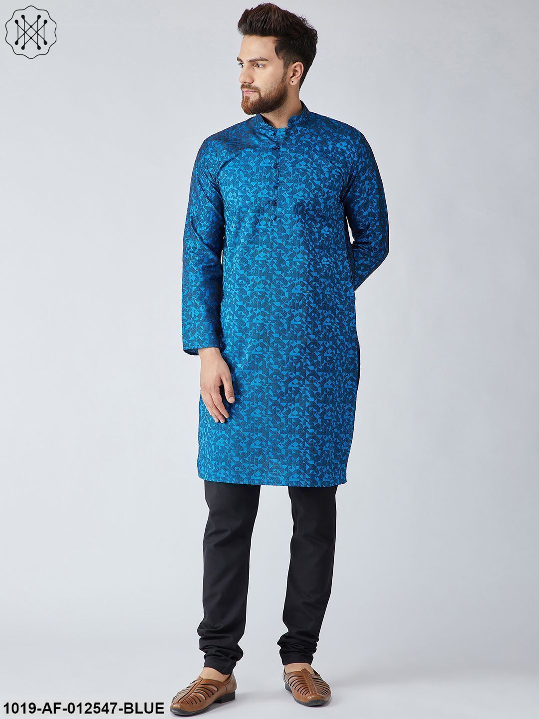 Men's Silk Royal Blue Kurta & Black Churidar Pyjama Set - Sojanya