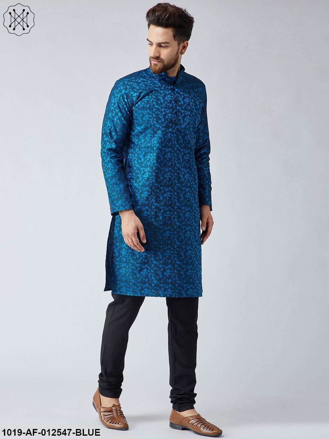 Men's Silk Royal Blue Kurta & Black Churidar Pyjama Set - Sojanya