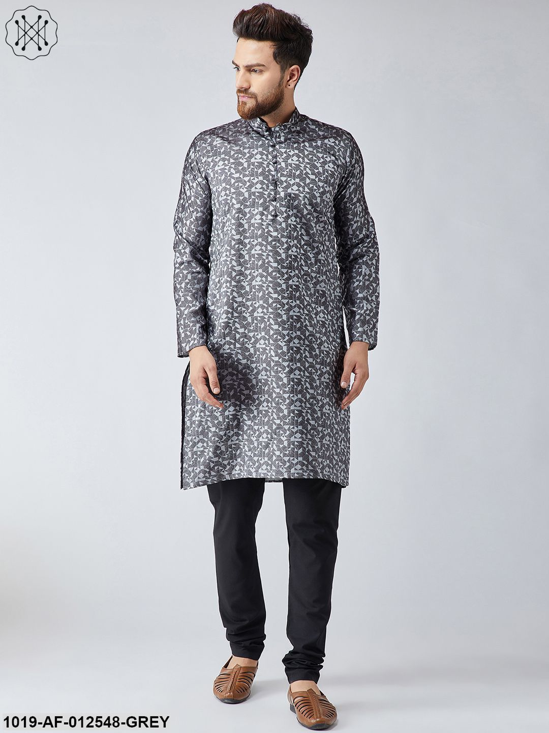 Men's Silk Grey Kurta & Black Churidar Pyjama Set