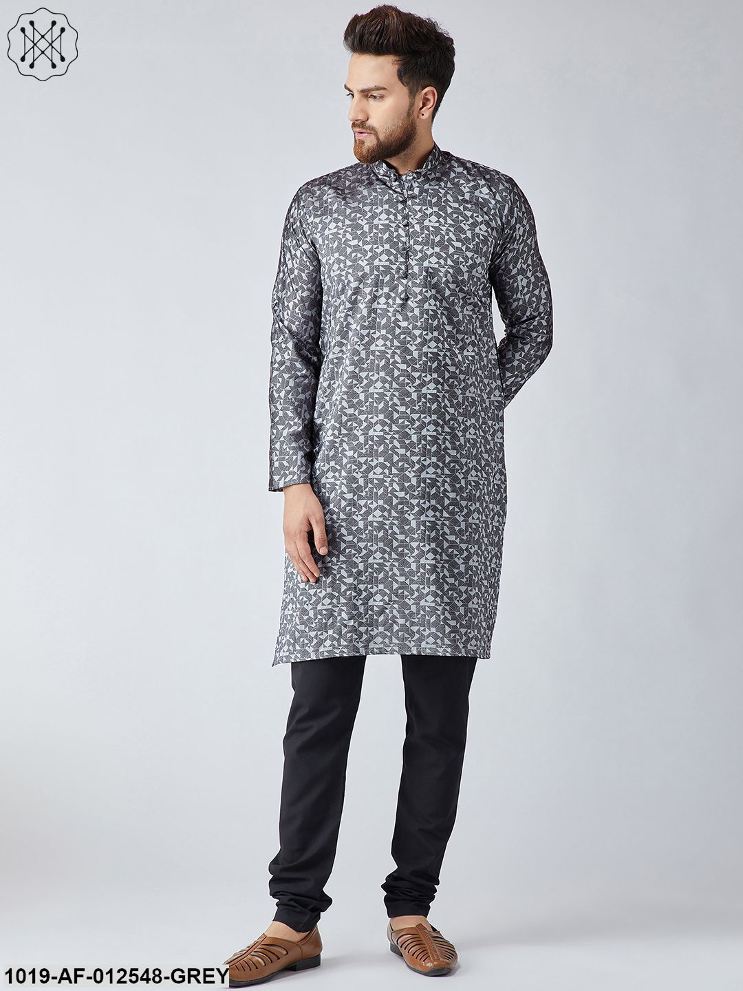 Men's Silk Grey Kurta & Black Churidar Pyjama Set