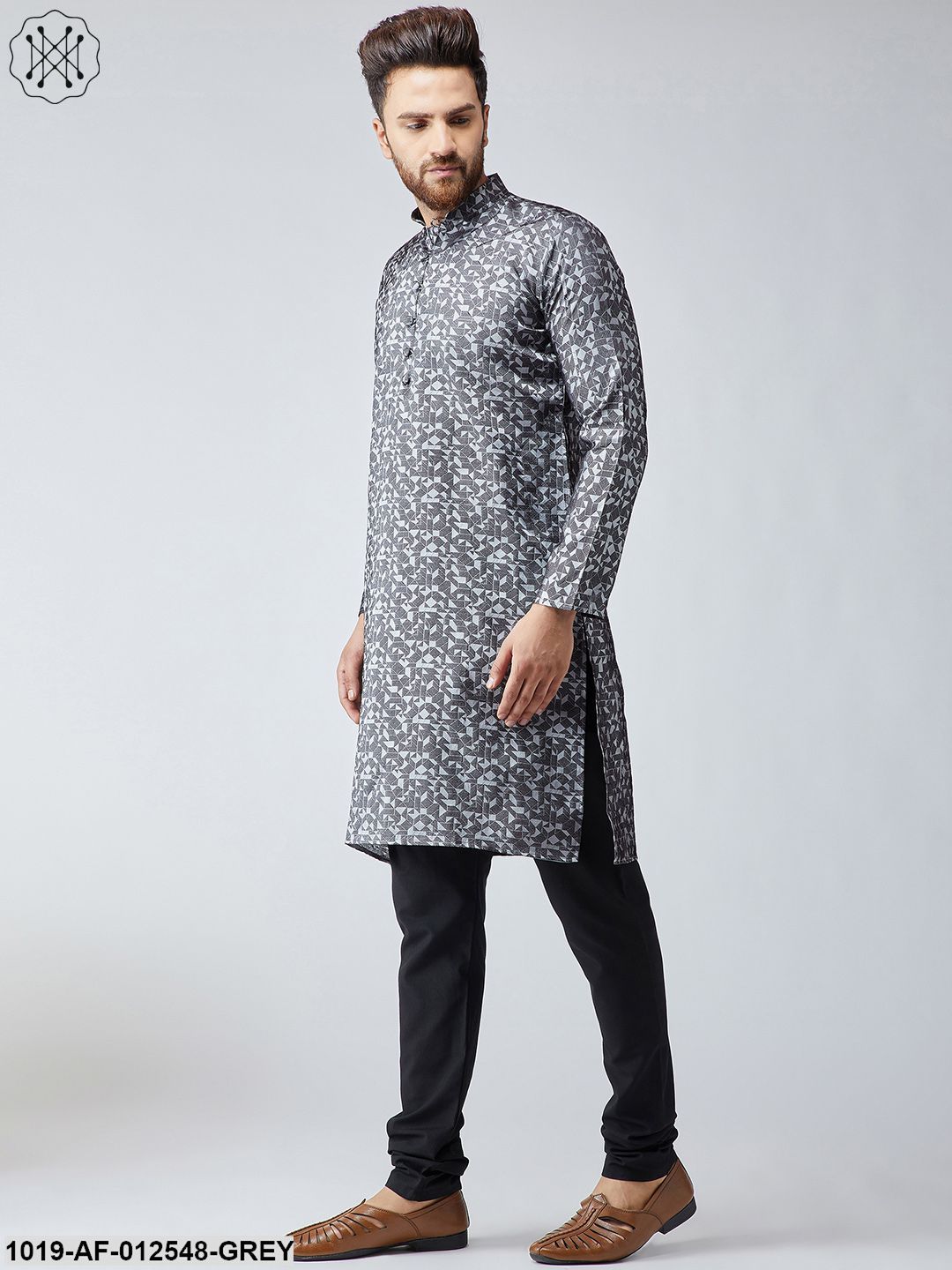 Men's Silk Grey Kurta & Black Churidar Pyjama Set