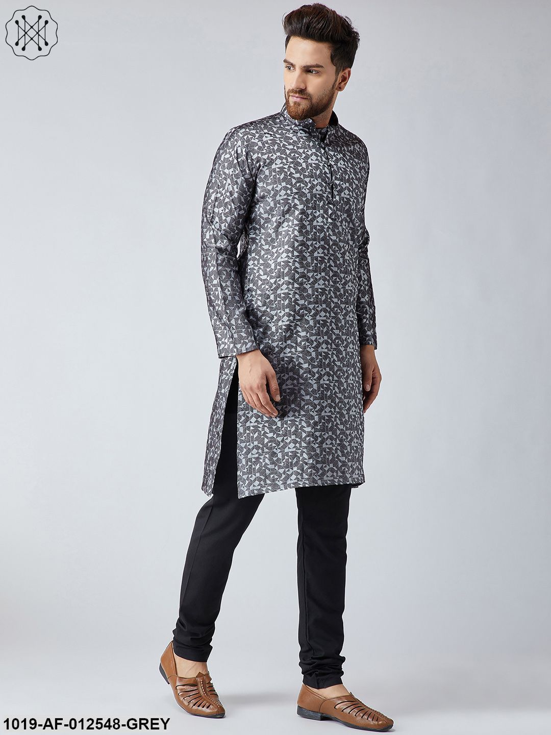 Men's Silk Grey Kurta & Black Churidar Pyjama Set