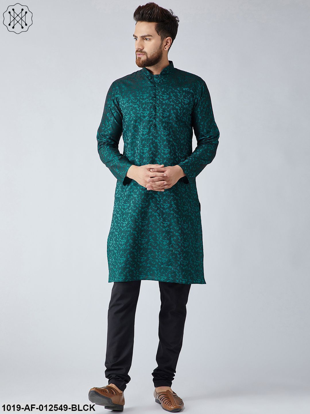 Men's Silk Teal Green Kurta & Black Churidar Pyjama Set