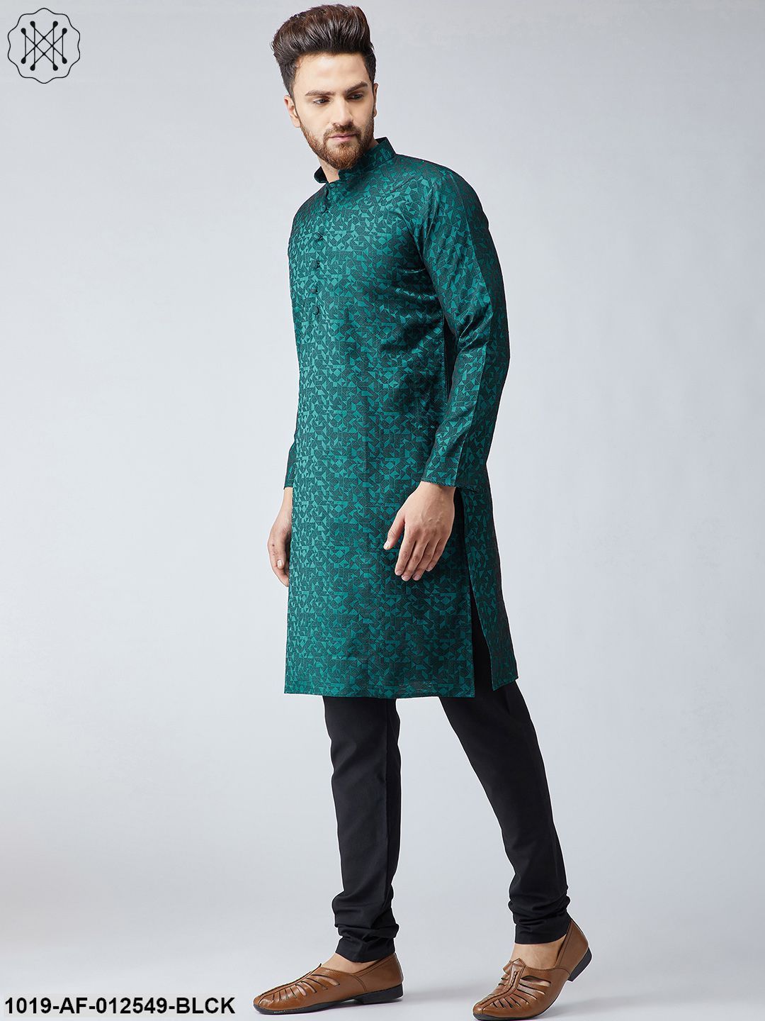 Men's Silk Teal Green Kurta & Black Churidar Pyjama Set