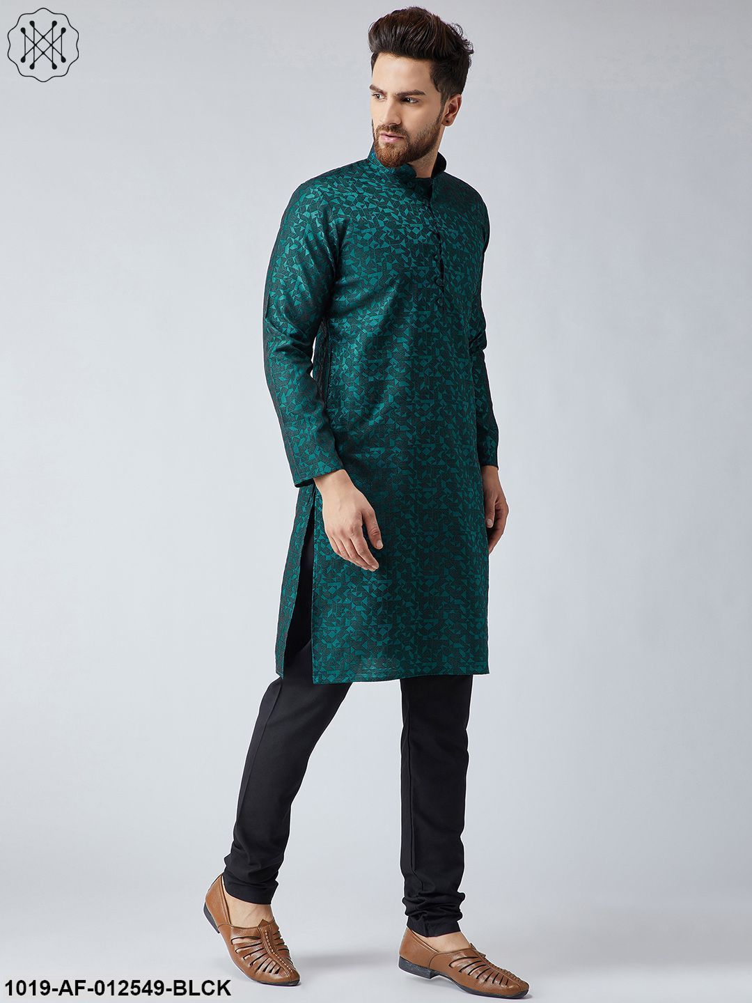 Men's Silk Teal Green Kurta & Black Churidar Pyjama Set