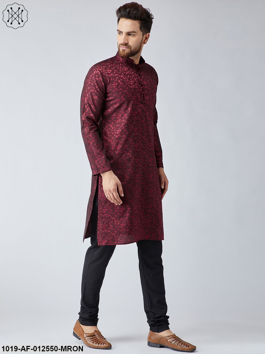 Men's Silk Maroon Kurta & Black Churidar Pyjama Set - Sojanya