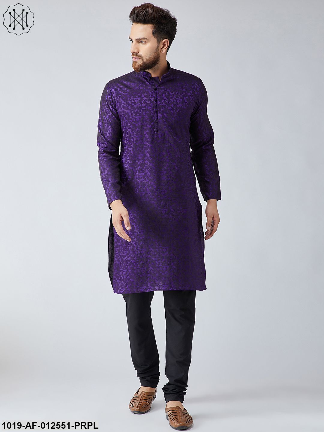 Men's Silk Purple Kurta & Black Churidar Pyjama Set