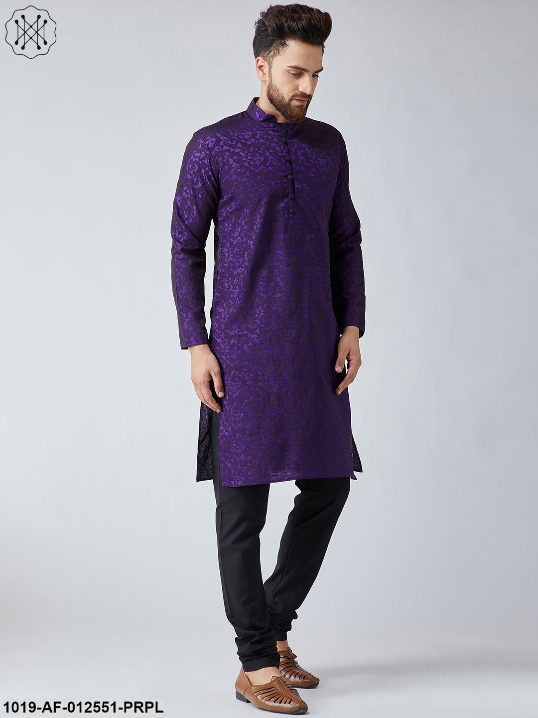Men's Silk Purple Kurta & Black Churidar Pyjama Set