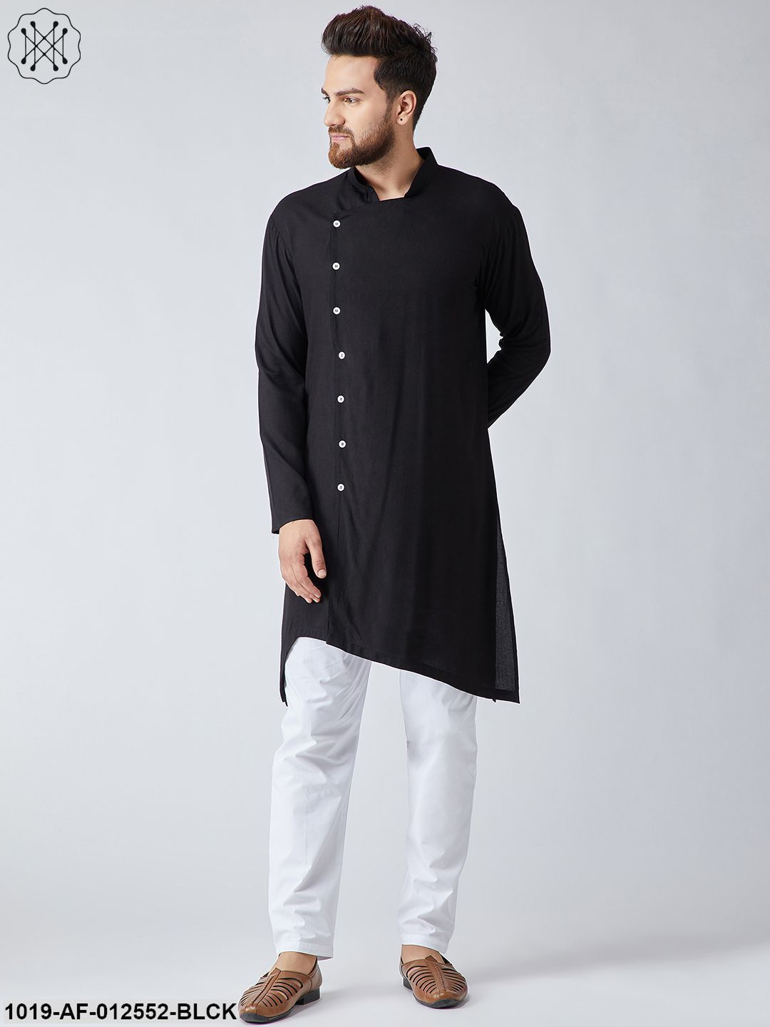 Men's Cotton Black Kurta & White Pyjama Set