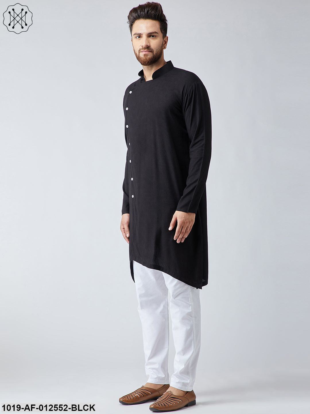 Men's Cotton Black Kurta & White Pyjama Set