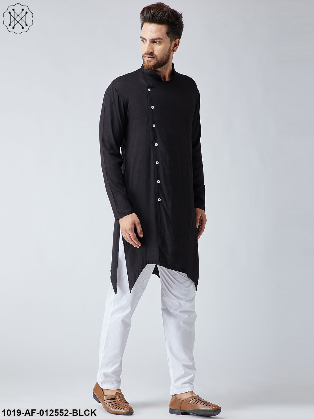 Men's Cotton Black Kurta & White Pyjama Set