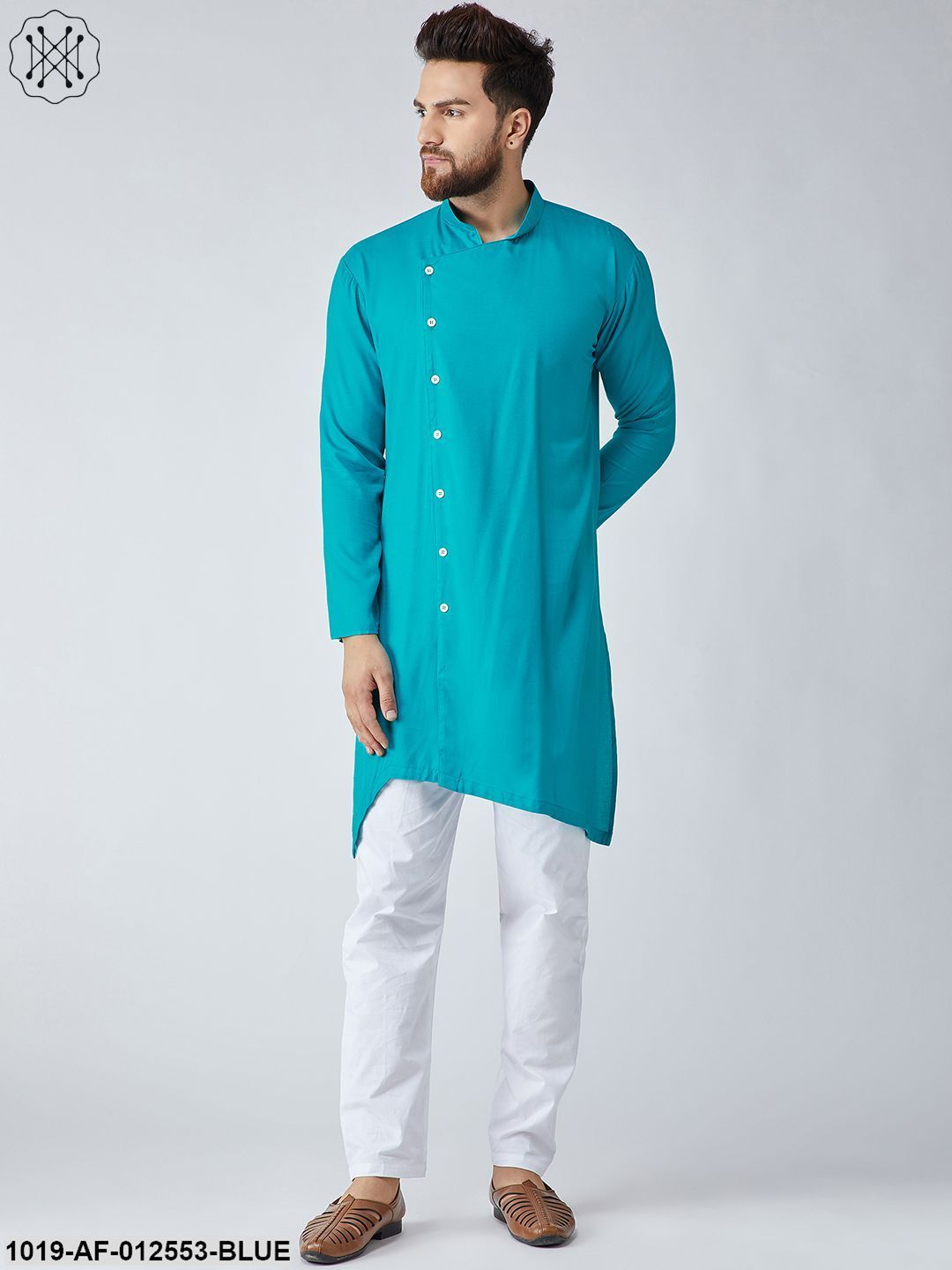 Men's Cotton Sky Blue Kurta & White Pyjama Set