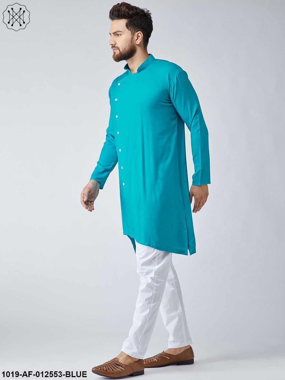 Men's Cotton Sky Blue Kurta & White Pyjama Set