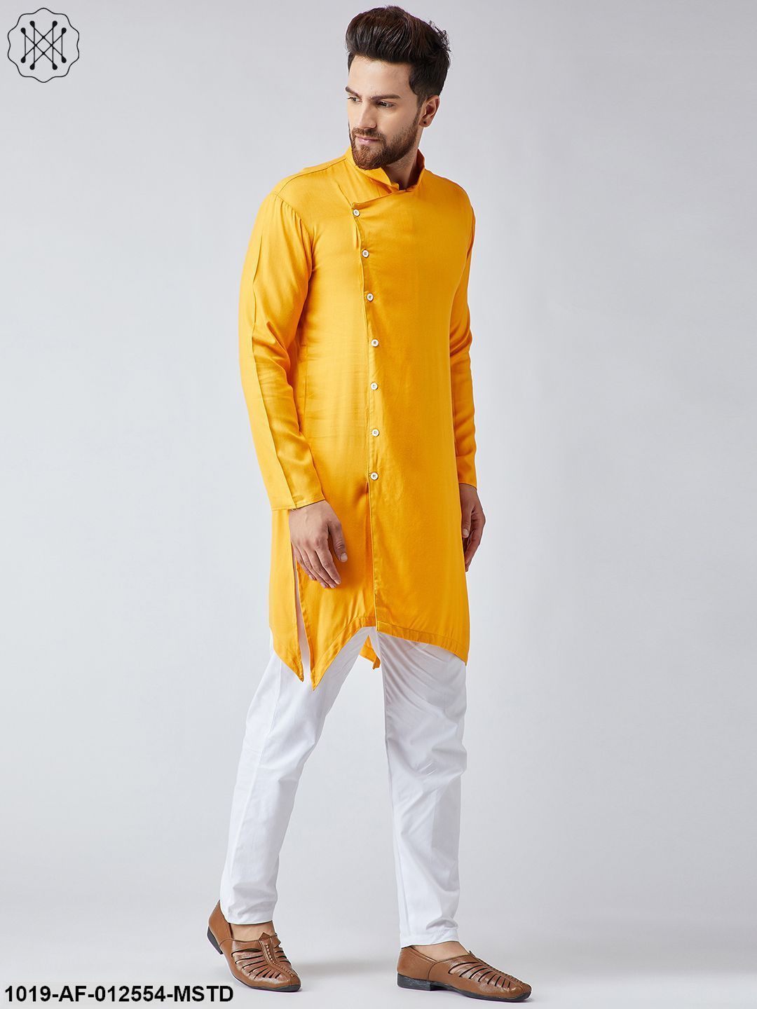 Men's Cotton Mustard Kurta & White Pyjama Set
