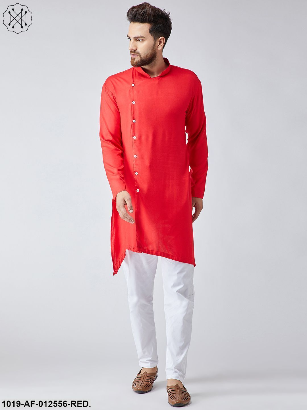 Men's Cotton Red Kurta & White Pyjama Set