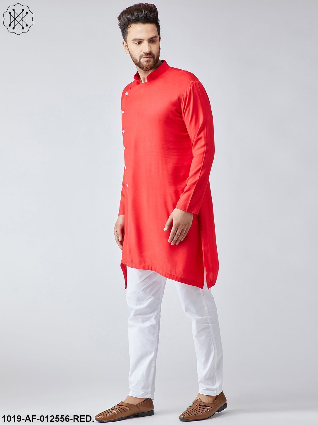 Men's Cotton Red Kurta & White Pyjama Set