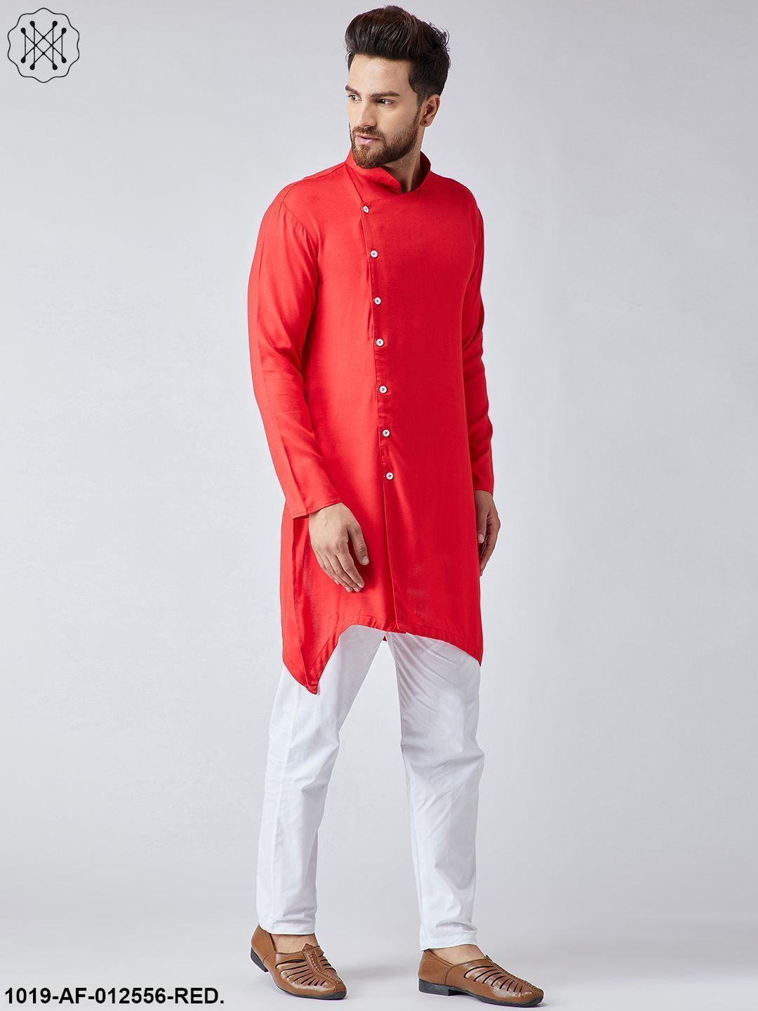Men's Cotton Red Kurta & White Pyjama Set