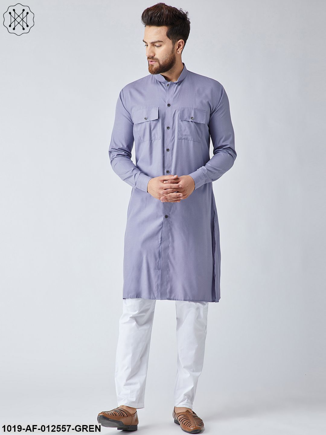 Men's Cotton Light Grey Pathani Kurta & White Pyjama Set