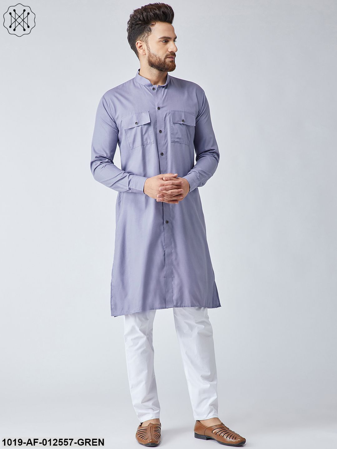 Men's Cotton Light Grey Pathani Kurta & White Pyjama Set