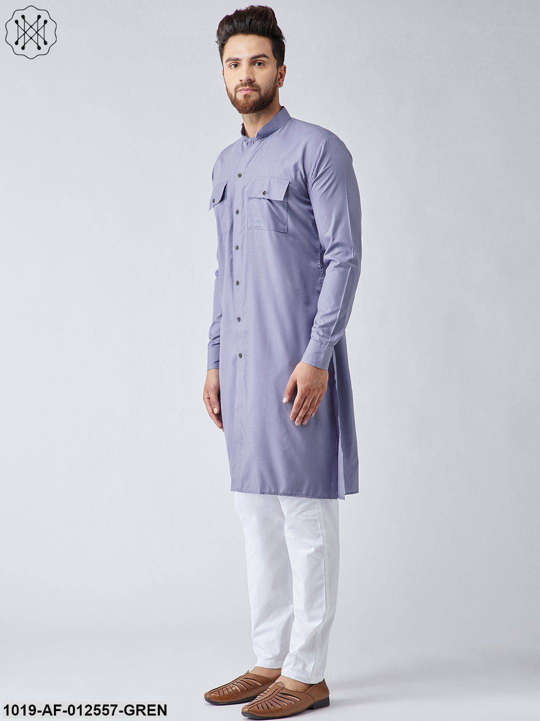 Men's Cotton Light Grey Pathani Kurta & White Pyjama Set