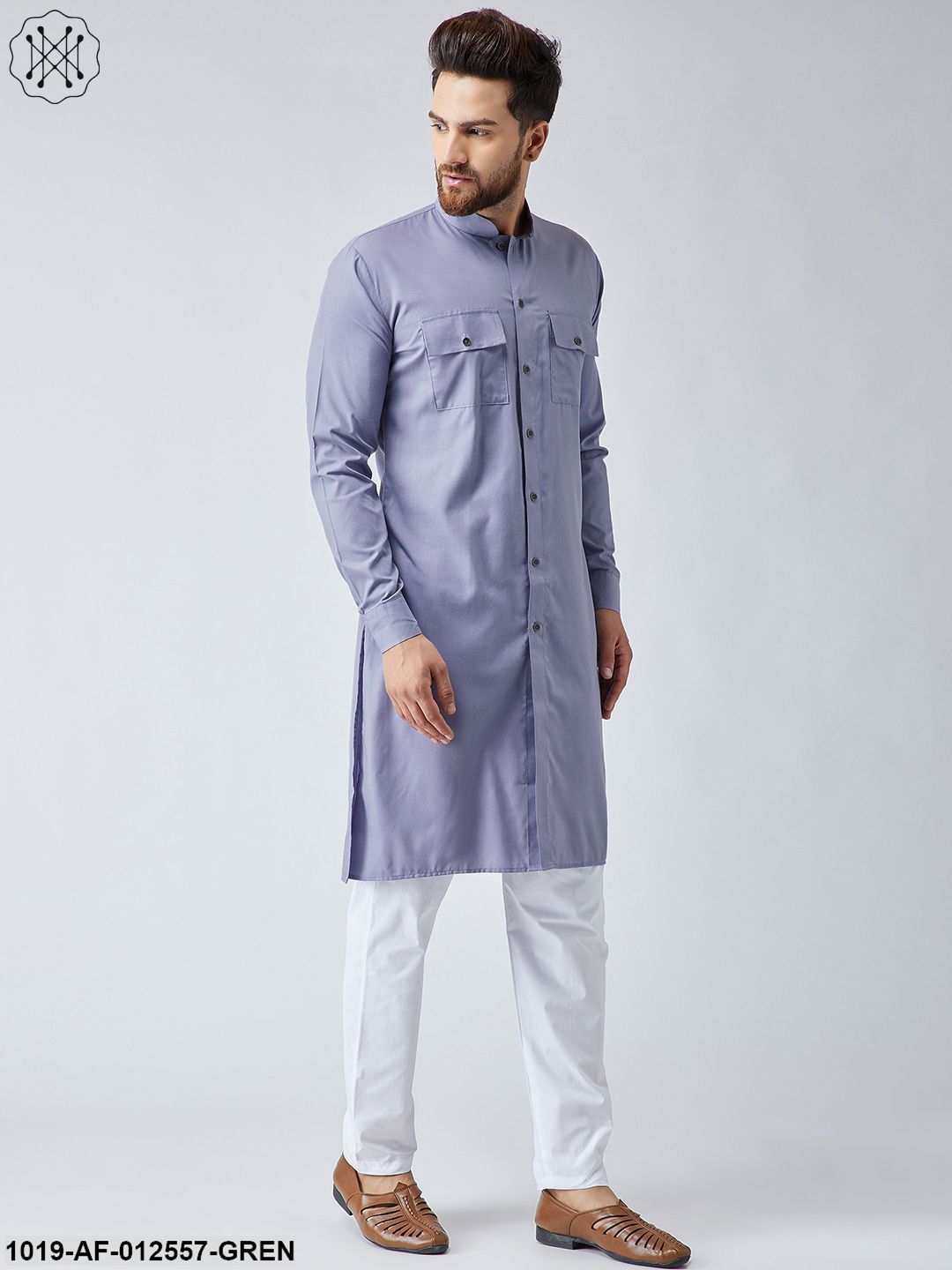 Men's Cotton Light Grey Pathani Kurta & White Pyjama Set