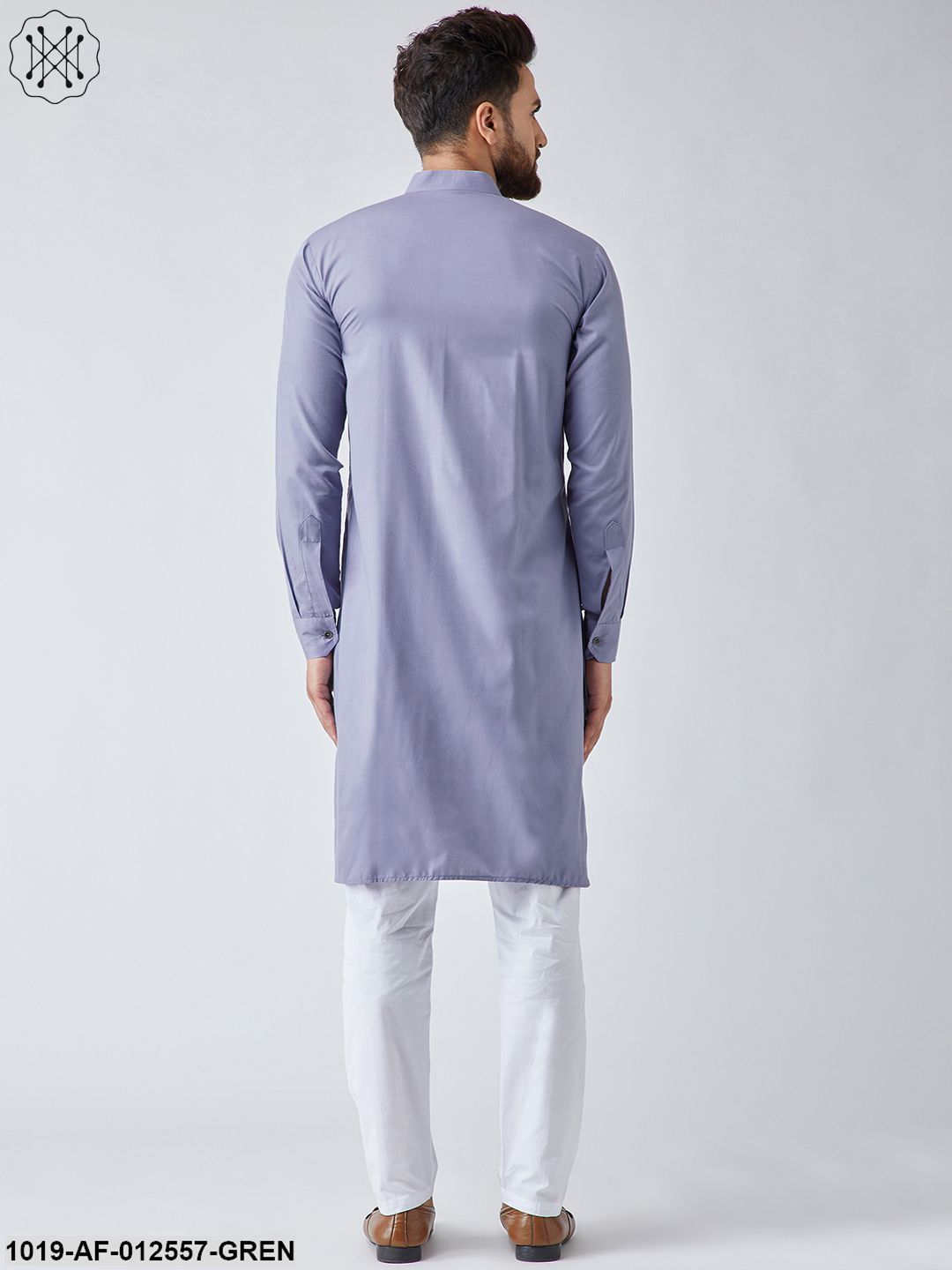 Men's Cotton Light Grey Pathani Kurta & White Pyjama Set