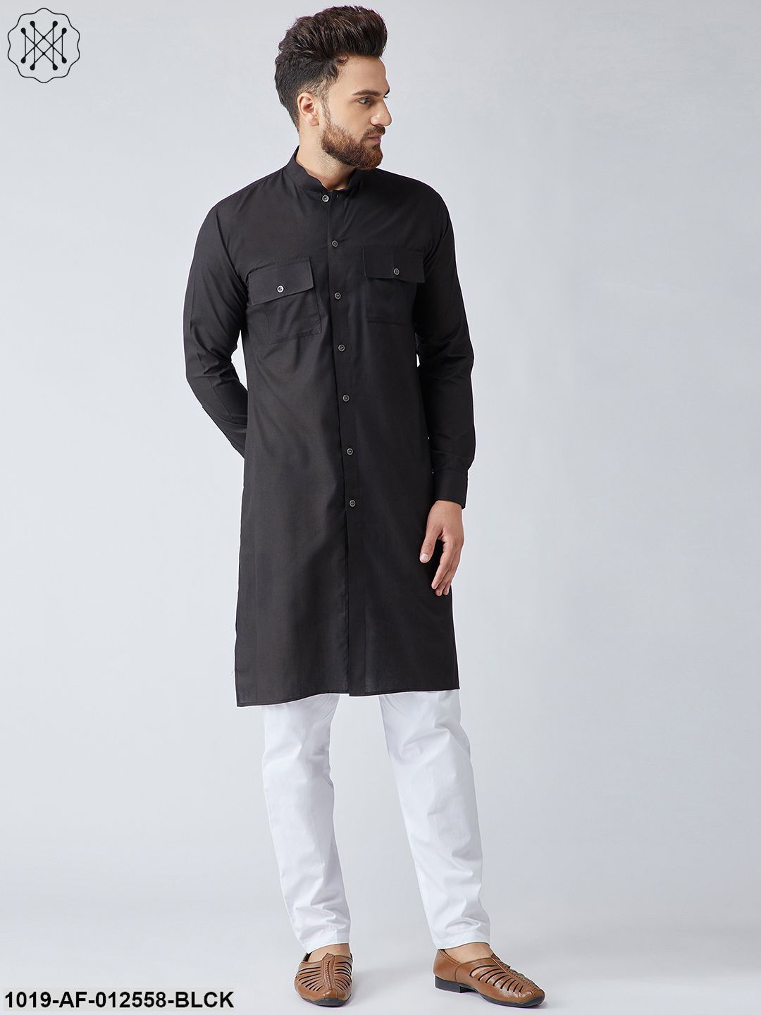 Men's Cotton Black Pathani Kurta & White Pyjama Set