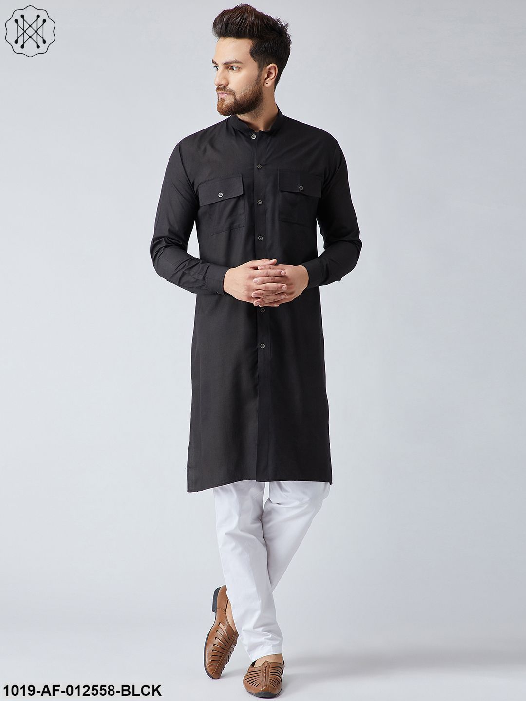 Men's Cotton Black Pathani Kurta & White Pyjama Set