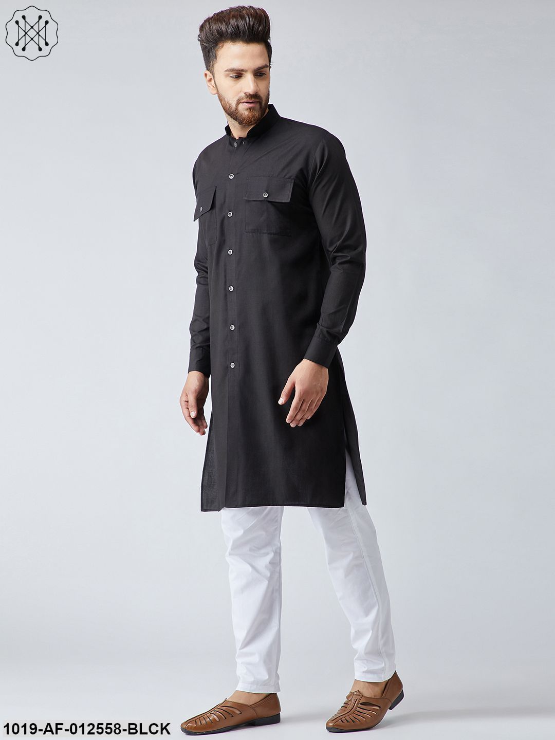 Men's Cotton Black Pathani Kurta & White Pyjama Set