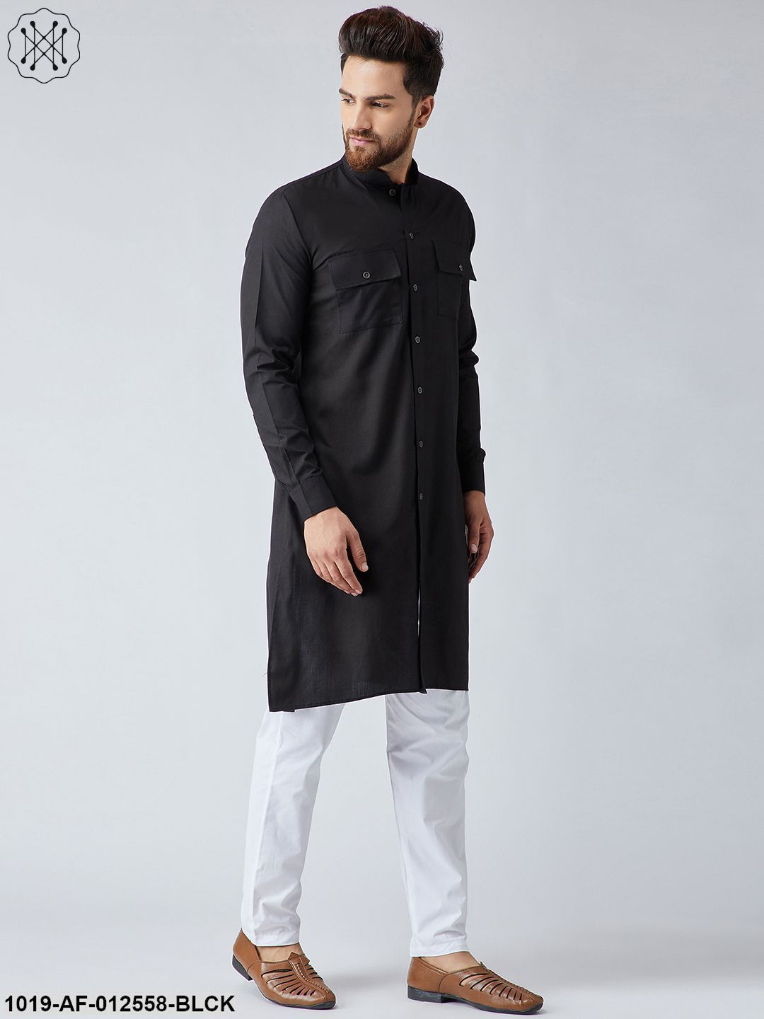 Men's Cotton Black Pathani Kurta & White Pyjama Set