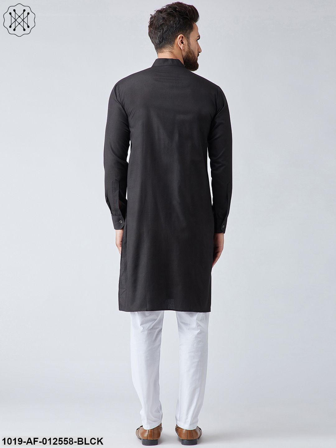 Men's Cotton Black Pathani Kurta & White Pyjama Set