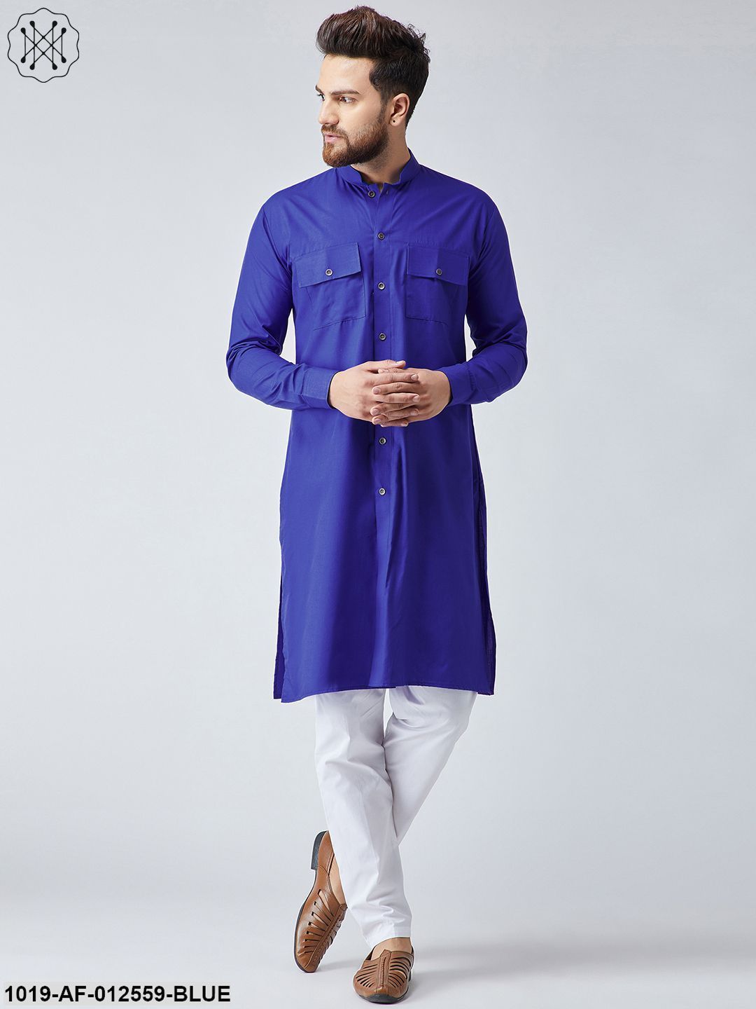 Men's Cotton Blue Pathani Kurta & White Pyjama Set
