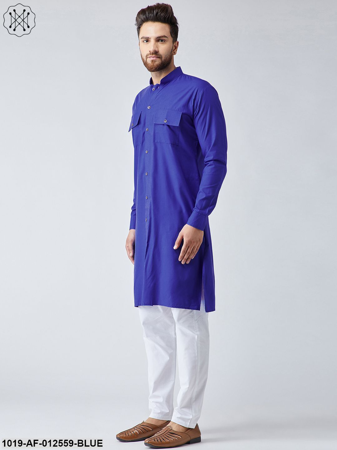 Men's Cotton Blue Pathani Kurta & White Pyjama Set