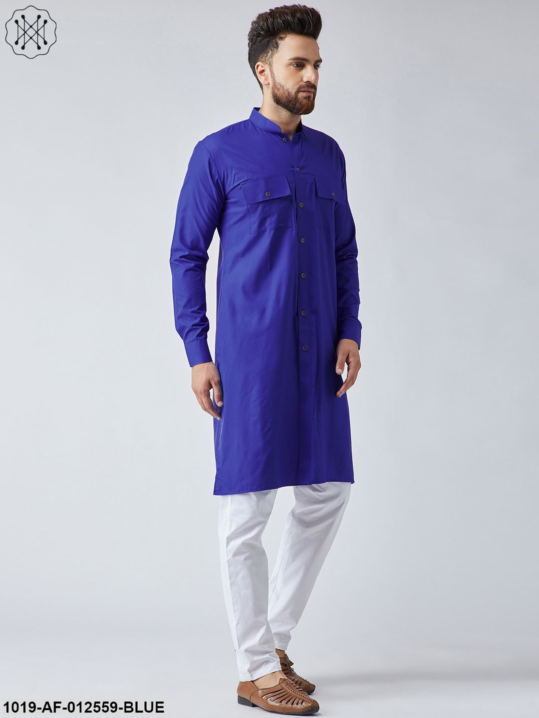 Men's Cotton Blue Pathani Kurta & White Pyjama Set