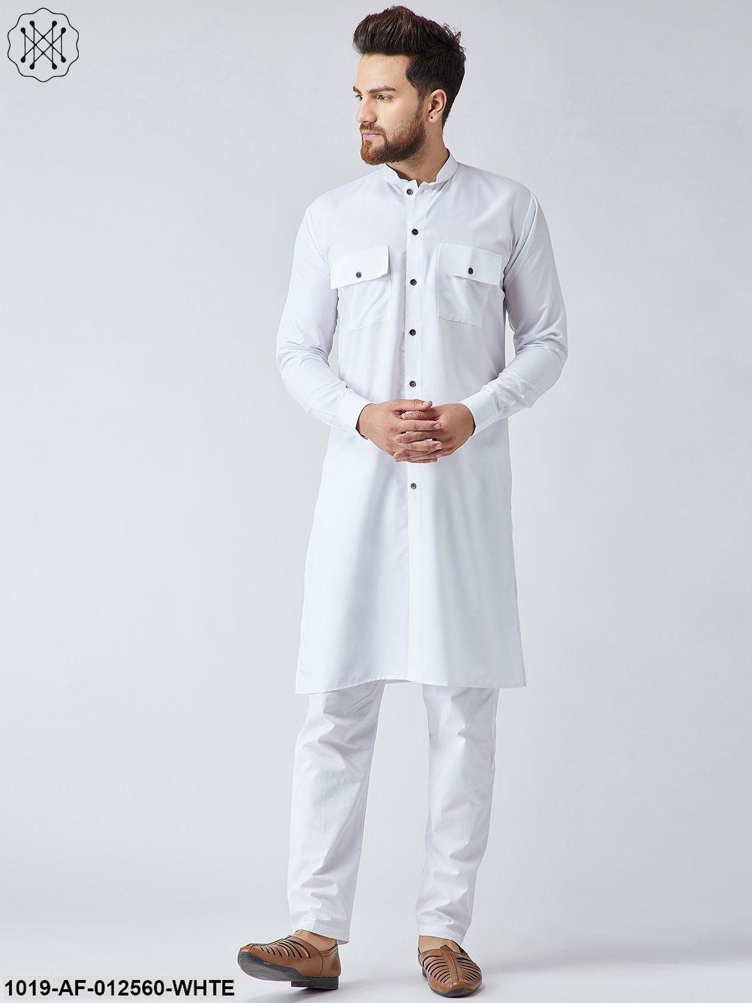 Men's Cotton White Pathani Kurta & White Pyjama Set