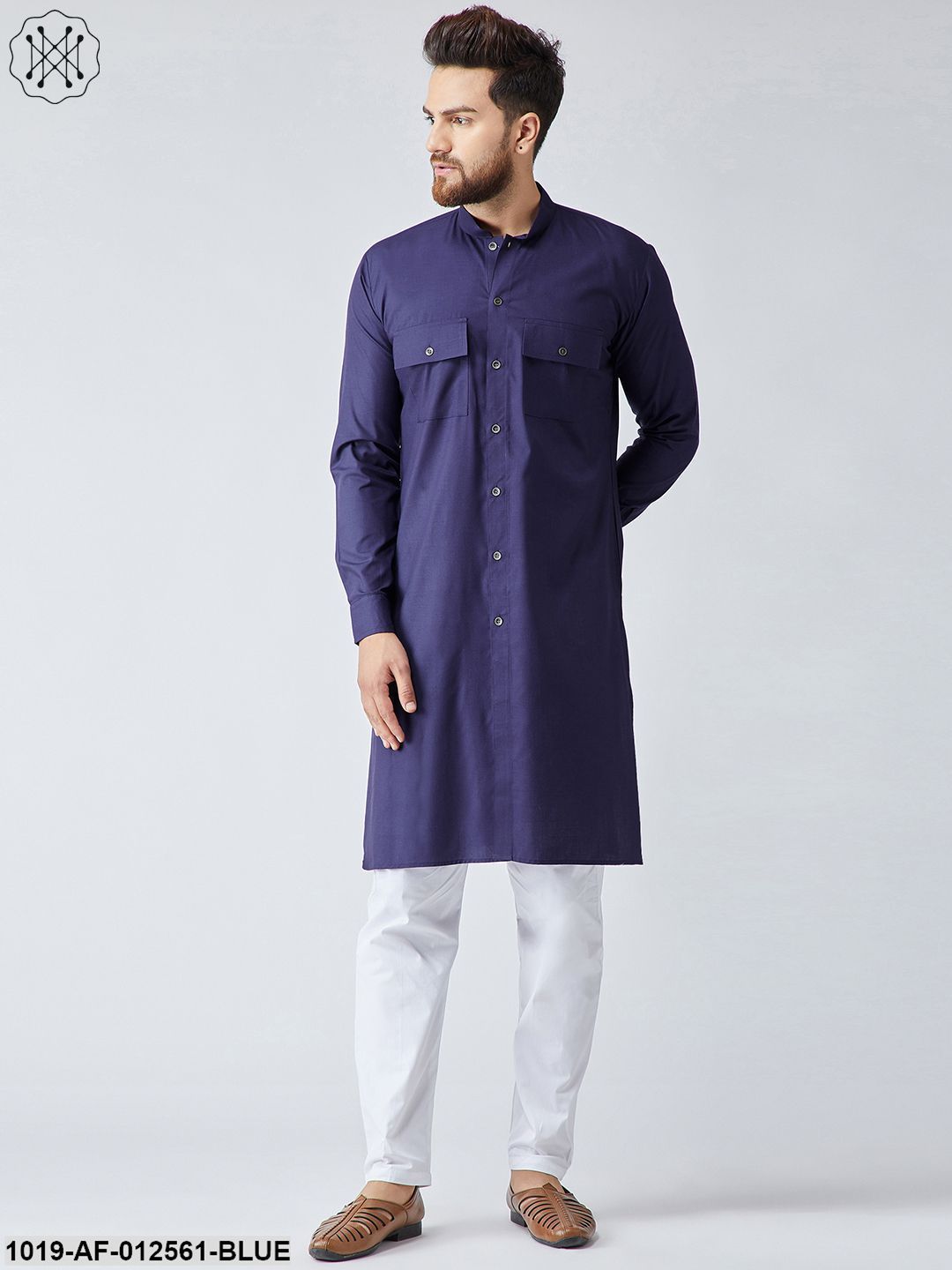 Men's Cotton Navy Blue Pathani Kurta & White Pyjama Set