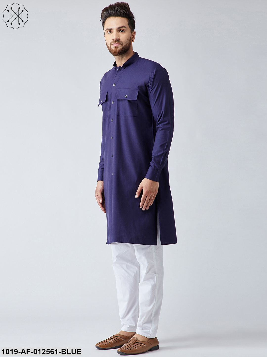 Men's Cotton Navy Blue Pathani Kurta & White Pyjama Set