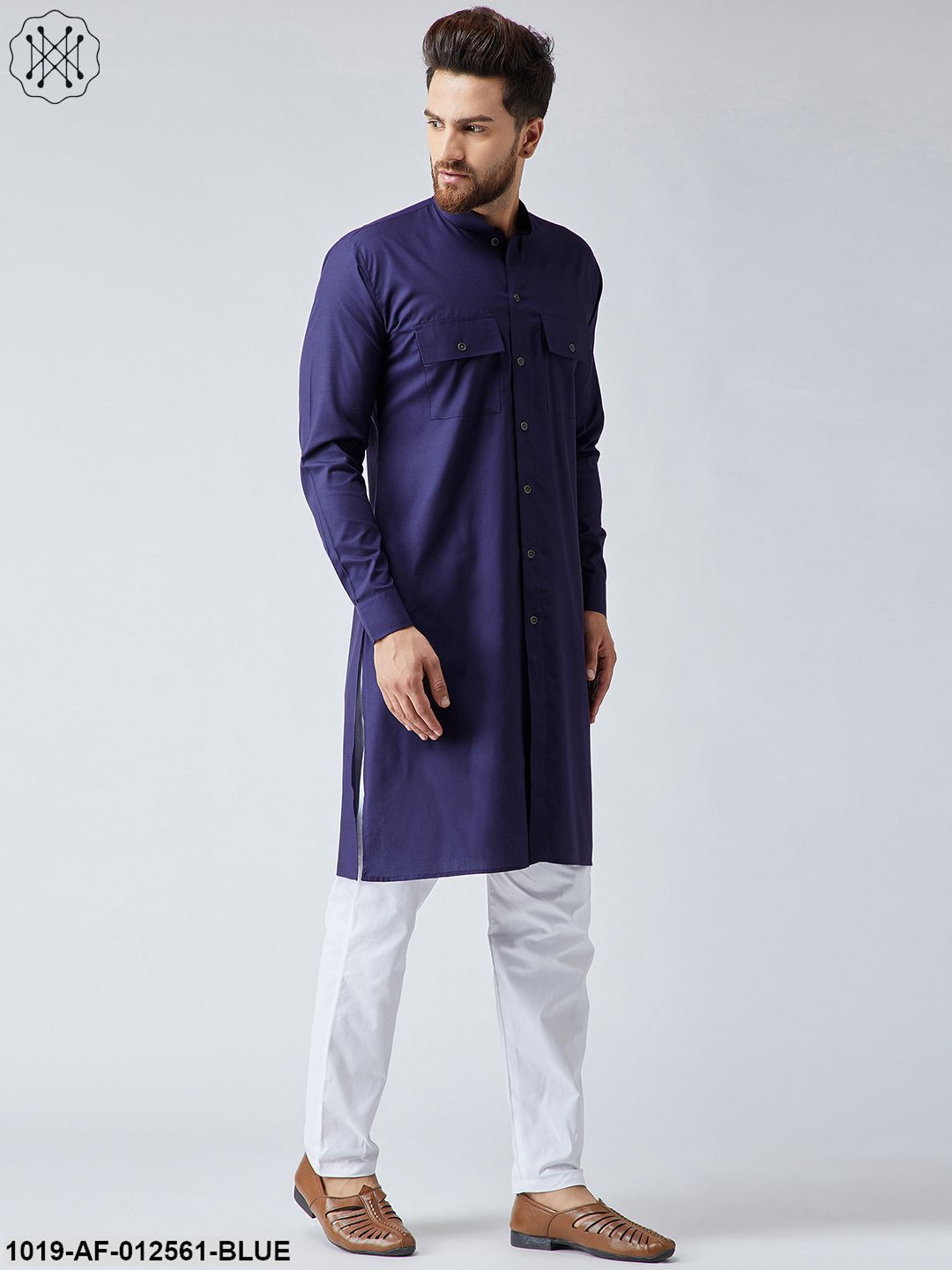 Men's Cotton Navy Blue Pathani Kurta & White Pyjama Set